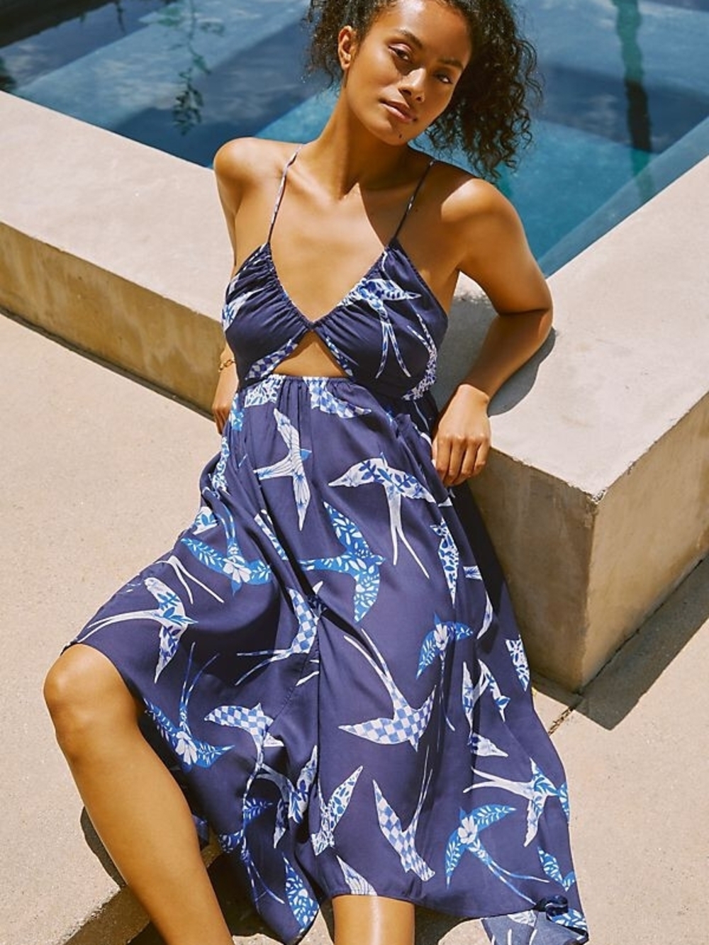 3x Nwt Anthropologie Navy Blue Bird-Print Spaghetti Strap Midi Dress
